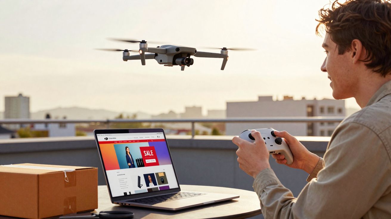 Homem controlando drone com controle remoto em área externa enquanto acompanha site de vendas no laptop.