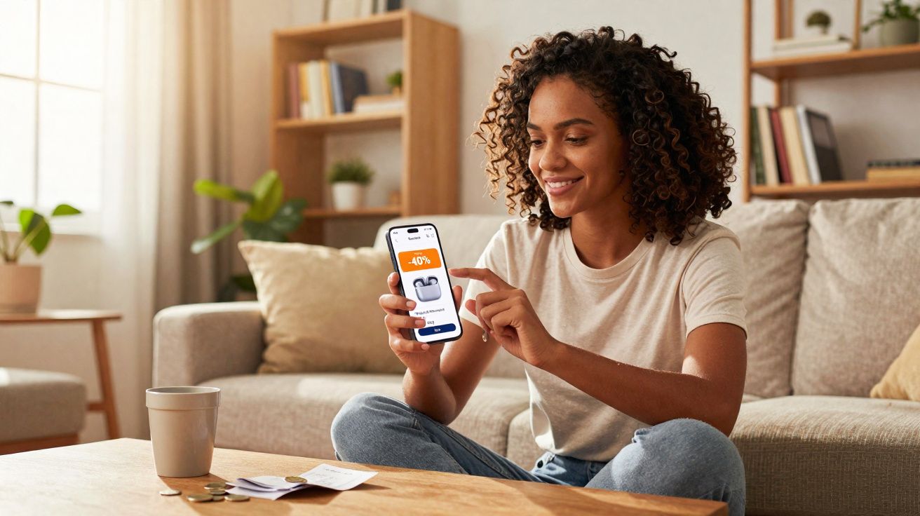 Mulher sorridente sentada no sofá olhando promoção de fones de ouvido no celular em sala iluminada.