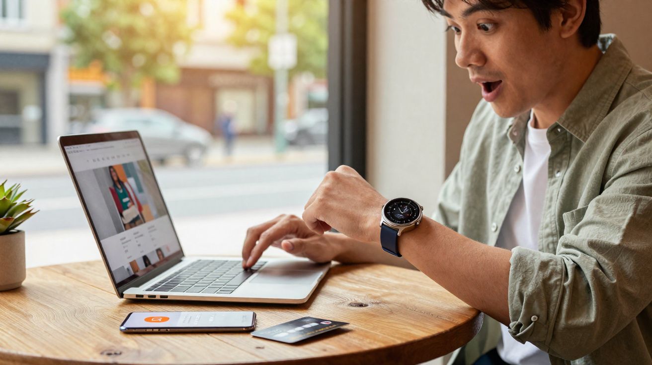 Homem surpreso olhando o relógio enquanto usa laptop para compras online em mesa com celular e cartão.