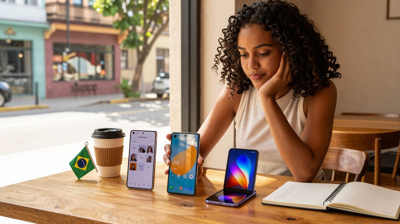 Mulher sentada em mesa com três celulares, café para viagem, bandeira do Brasil e caderno aberto.