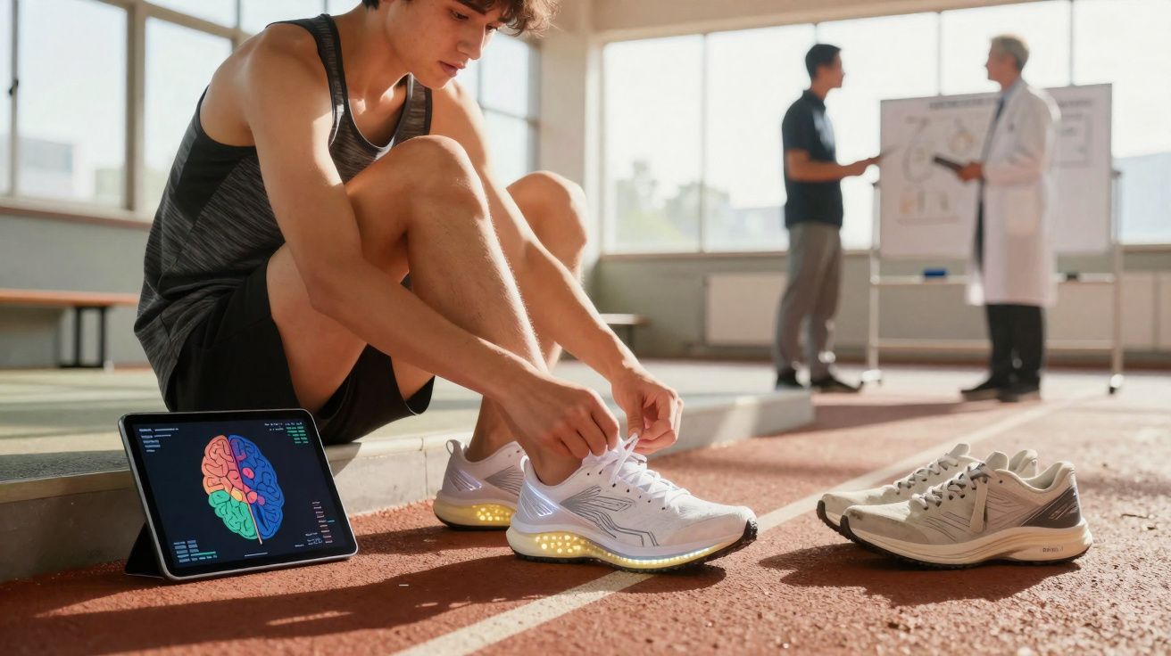 Jovem amarrando tênis esportivo com luzes LED em pista, tablet com imagem de cérebro ao lado e duas pessoas ao fundo.