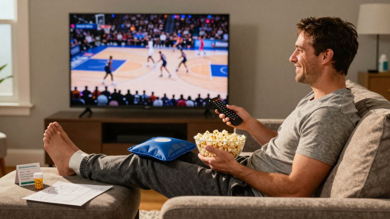Homem sentado no sofá assistindo basquete na TV, com saco de gelo e pipoca nas mãos.