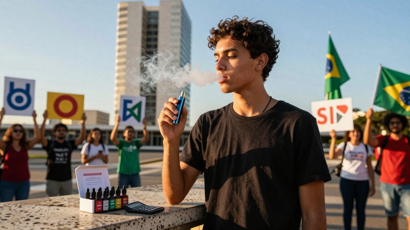 Jovem usando cigarro eletrônico enquanto grupo ao fundo segura cartazes e bandeiras do Brasil em protesto.