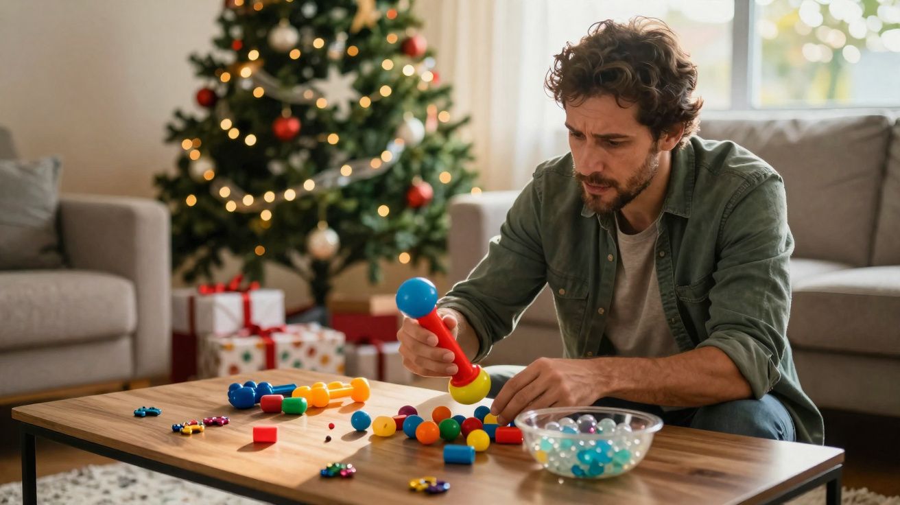 Homem monta brinquedo colorido em mesa de sala com árvore de Natal e presentes ao fundo.