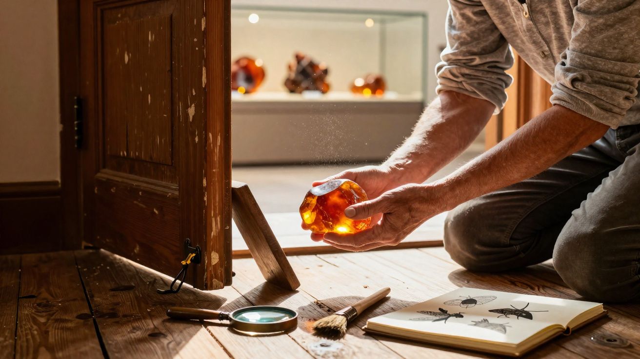 Pessoa ajoelhada segurando um pedaço de âmbar em ambiente com objetos de estudo e livro aberto de insetos.