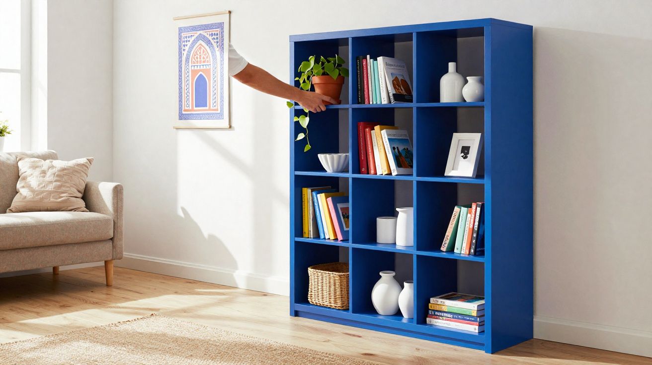 Estante azul com livros, vasos e planta, ao lado de sofá bege em sala iluminada.