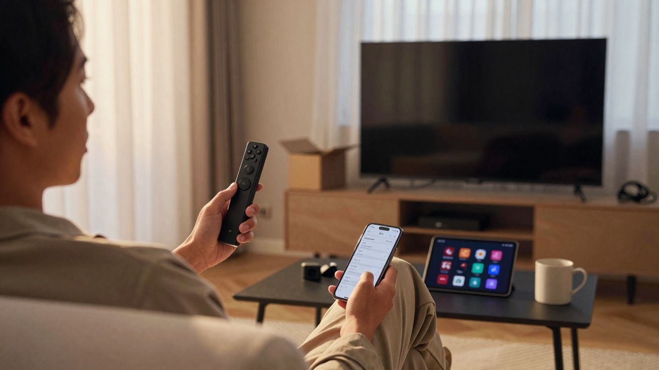 Pessoa sentada no sofá segurando controle remoto e celular, assistindo TV em sala moderna.