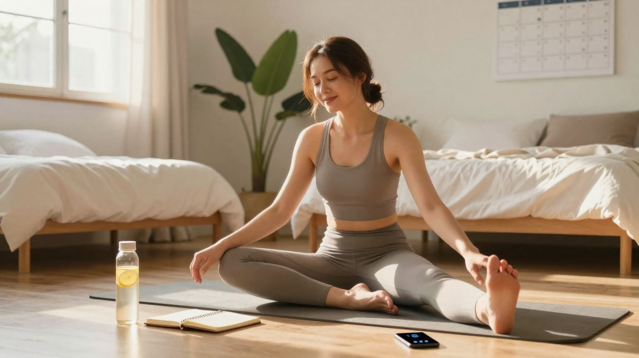 Mulher jovem fazendo alongamento em tapete de yoga, em um quarto iluminado e organizado.