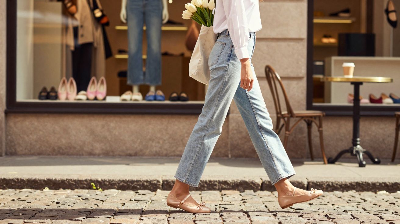 Pessoa caminhando com jeans e sapatilhas claras em calçamento de pedra, segurando flores brancas.