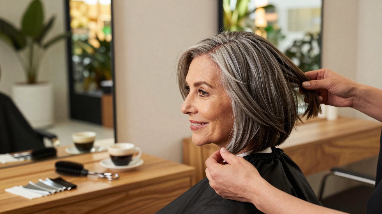 Mulher sorridente com cabelos grisalhos sendo arrumada por cabeleireiro em salão.
