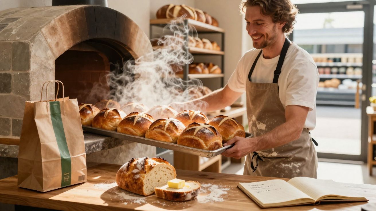 Padeiro sorridente retirando pães quentes com vapor de forno a lenha em padaria iluminada e aconchegante.