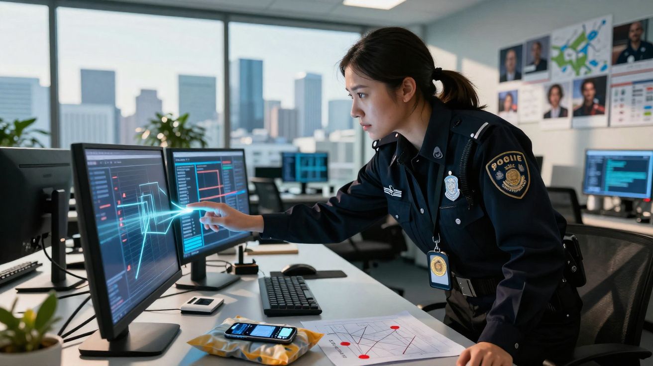 Policial feminina analisa dados em monitores de computador na central de operações da polícia.