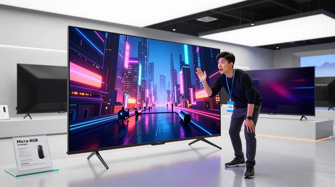 Homem interage com TV grande que exibe cidade futurista iluminada com luzes neon em loja moderna.