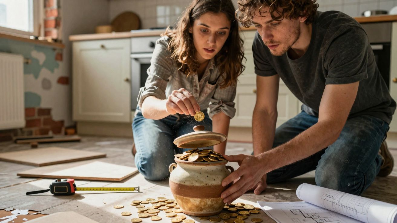 Casal jovem colocando moedas em um pote durante reforma de casa, com plantas e fita métrica no chão.
