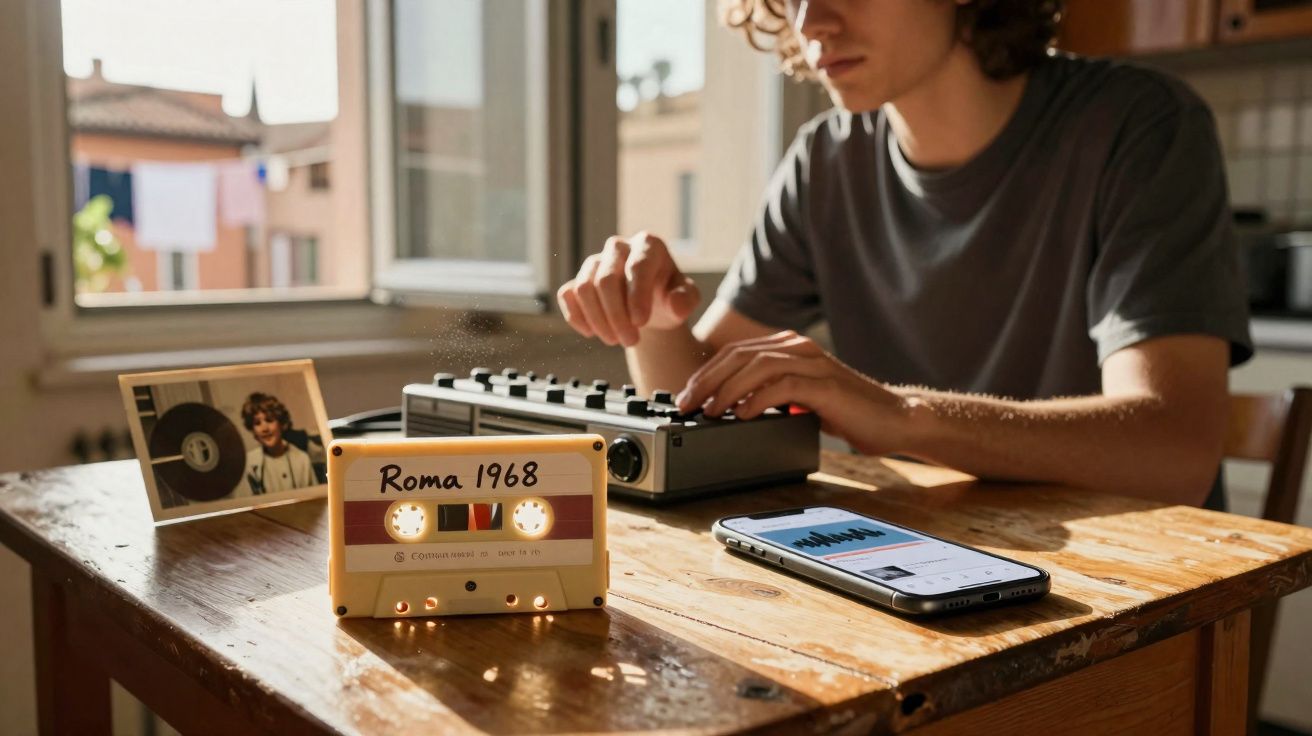 Jovem tocando equipamento musical ao lado de uma fita cassete amarela rotulada "Roma 1968" e um celular.