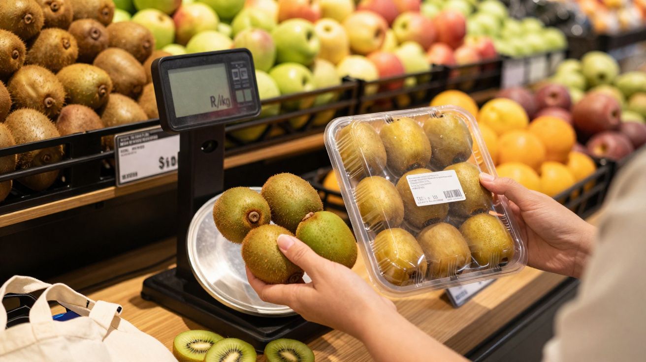 Pessoa pesando kiwis frescos em uma balança digital em mercado com frutas ao fundo.