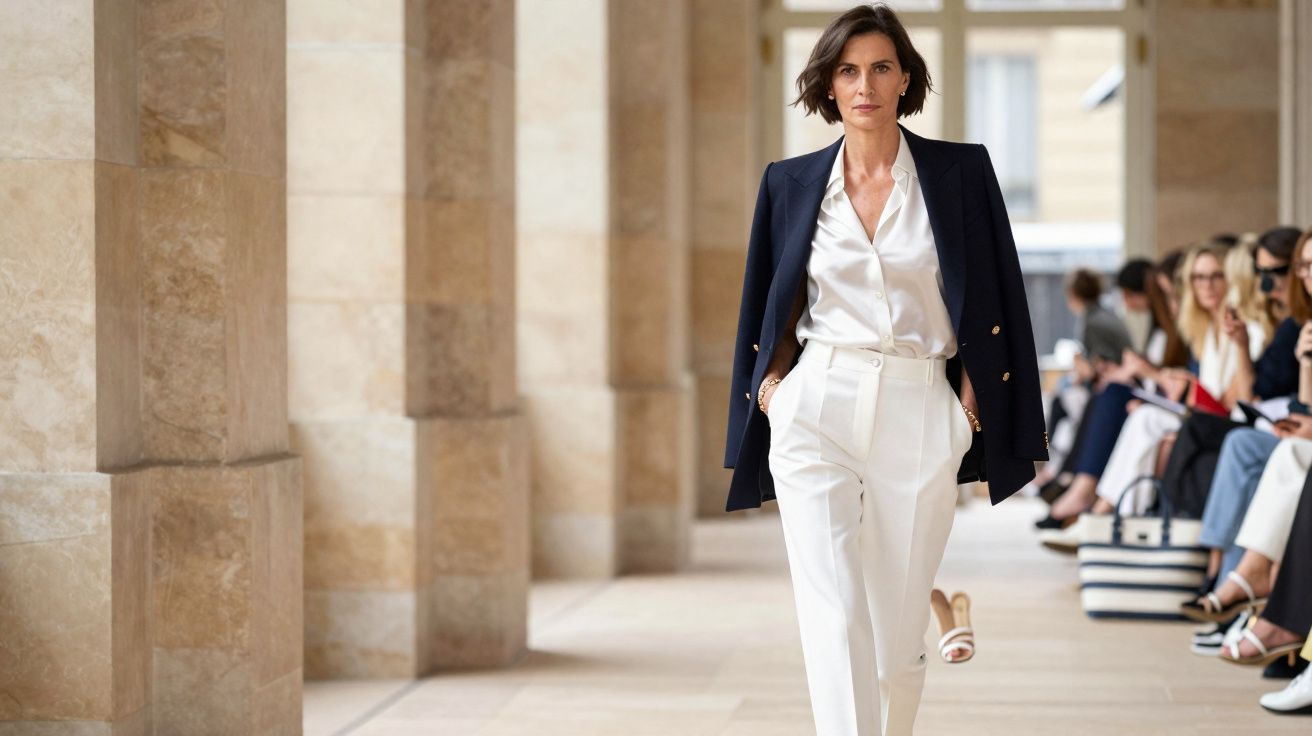 Mulher caminhando em passarela com calça e blusa branca e blazer azul marinho sobre os ombros.