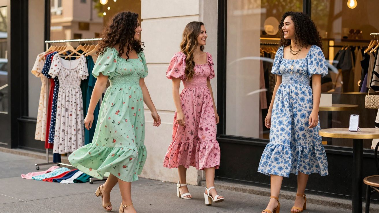 Três mulheres sorridentes caminhando na rua com vestidos florais coloridos ao lado de uma loja de roupas.