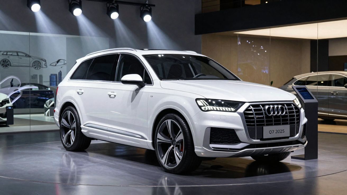 Audi Q7 branco 2025 em exposição dentro de showroom moderno com iluminação focada.
