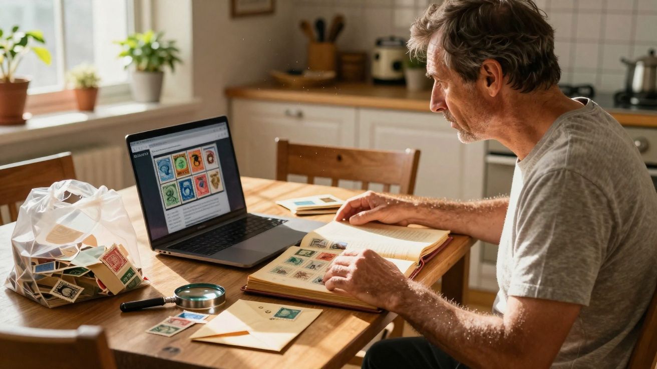 Homem sentado à mesa em cozinha, examinando álbuns e selos com laptop aberto exibindo imagens de selos.