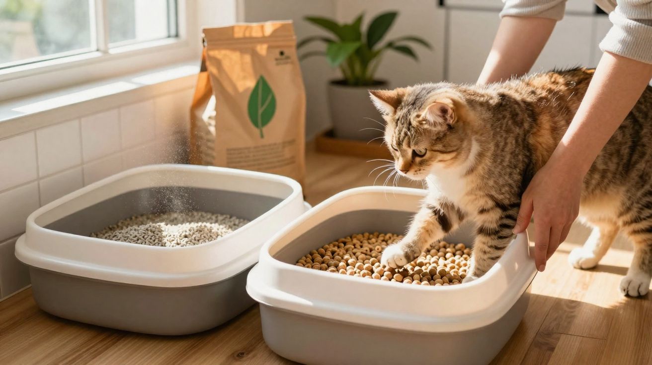 Gato sendo colocado em caixa sanitária com pellets, ao lado de outra caixa com areia na cozinha iluminada.