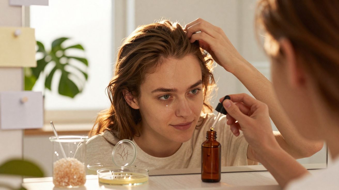 Mulher aplica sérum com conta-gotas no rosto em frente ao espelho em ambiente iluminado natural.