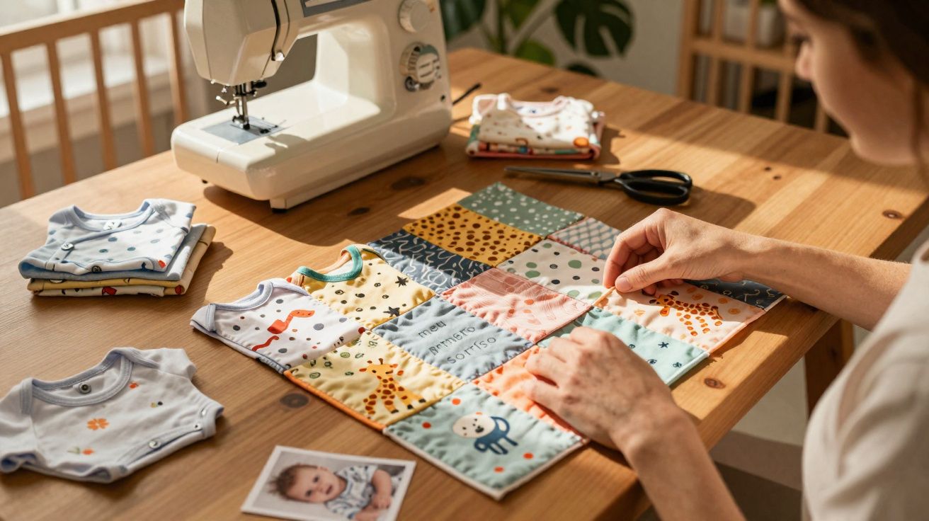 Pessoa costurando patchwork colorido com roupas e foto de bebê sobre mesa de madeira.