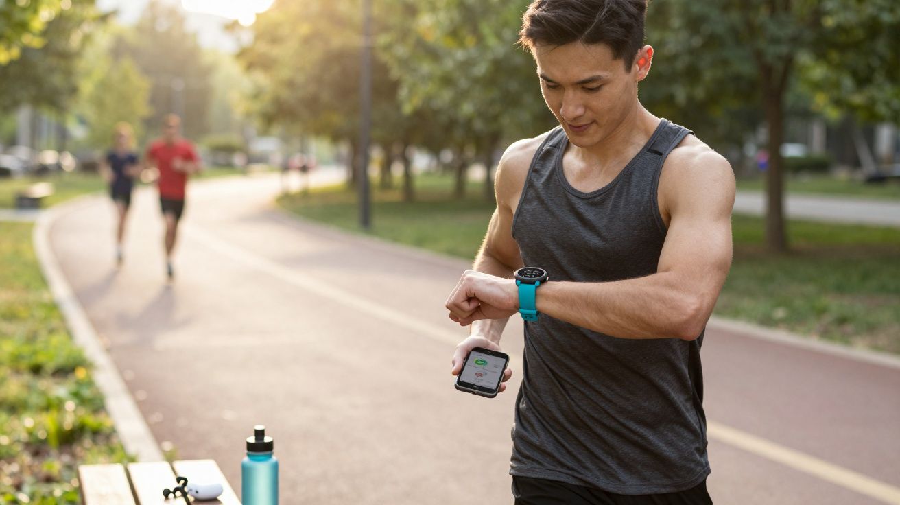 Homem com camiseta regata preta conferindo relógio esportivo azul durante corrida em parque ensolarado.