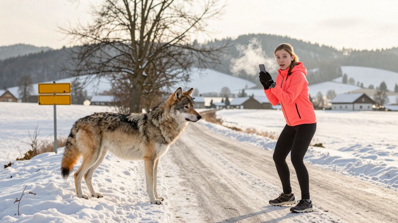 Mulher surpresa usando jaqueta laranja fotografa lobo em estrada coberta de neve no campo.