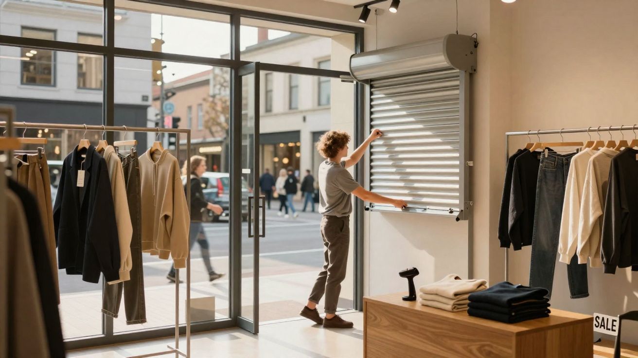 Pessoa fechando a porta metálica de uma loja de roupas com vitrines abertas para a rua.