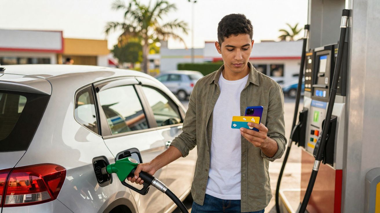 Homem abastecendo carro com bomba verde enquanto segura celular e cartão em posto de gasolina.
