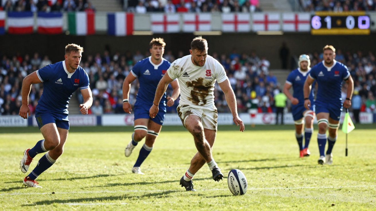 Jogadores de rugby em ação durante partida, com atleta de uniforme branco e sujo de lama avançando com a bola.