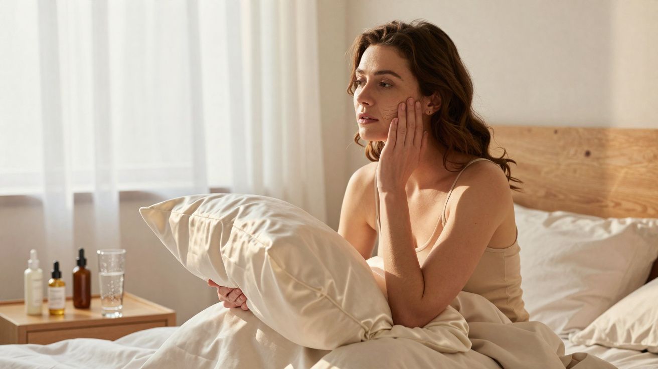 Mulher sentada na cama segurando travesseiro, com expressão pensativa em quarto iluminado pela luz natural.