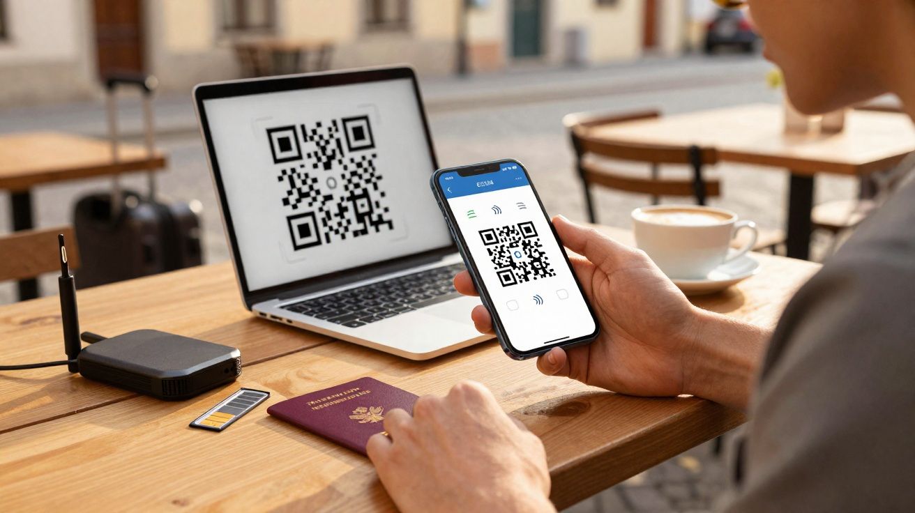 Pessoa escaneando um QR code no celular com laptop aberto na mesma imagem em uma mesa ao ar livre.