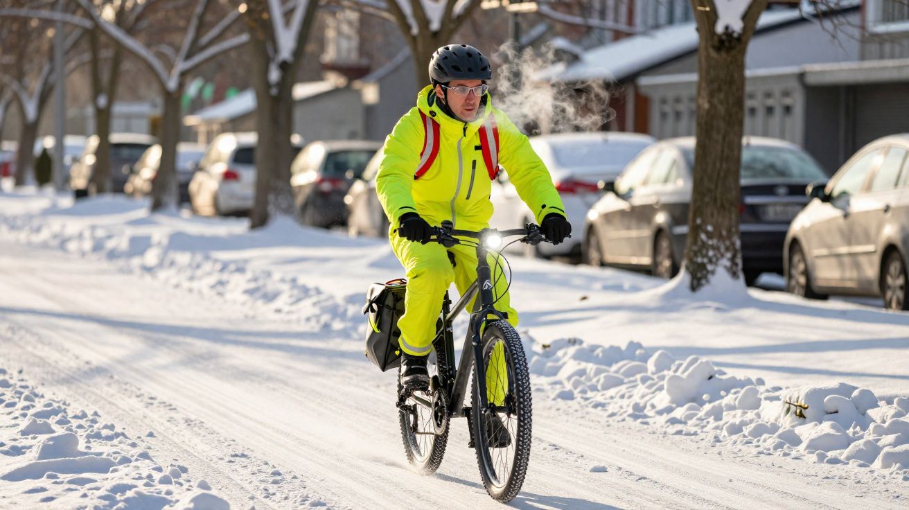 Homem de jaqueta amarela brilhante andando de bicicleta em rua coberta de neve em dia ensolarado.