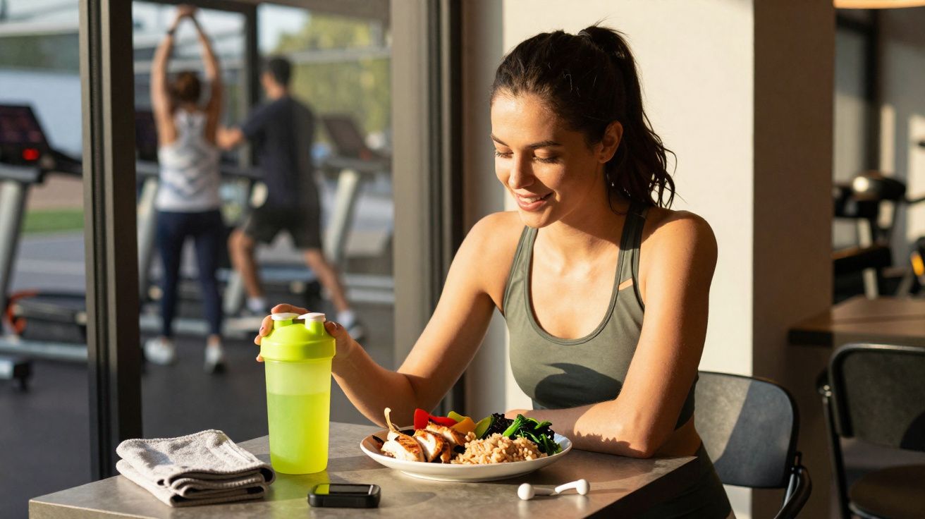 Mulher sorrindo comendo refeição saudável e segurando copo em academia com equipamentos ao fundo.