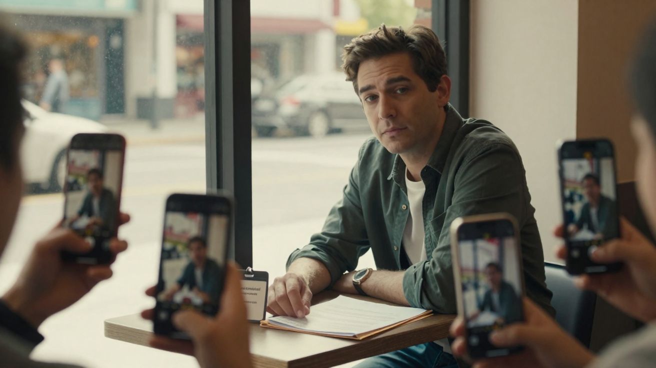 Homem sentado à mesa em café, olhando para câmeras de celulares ao redor tirando fotos dele.