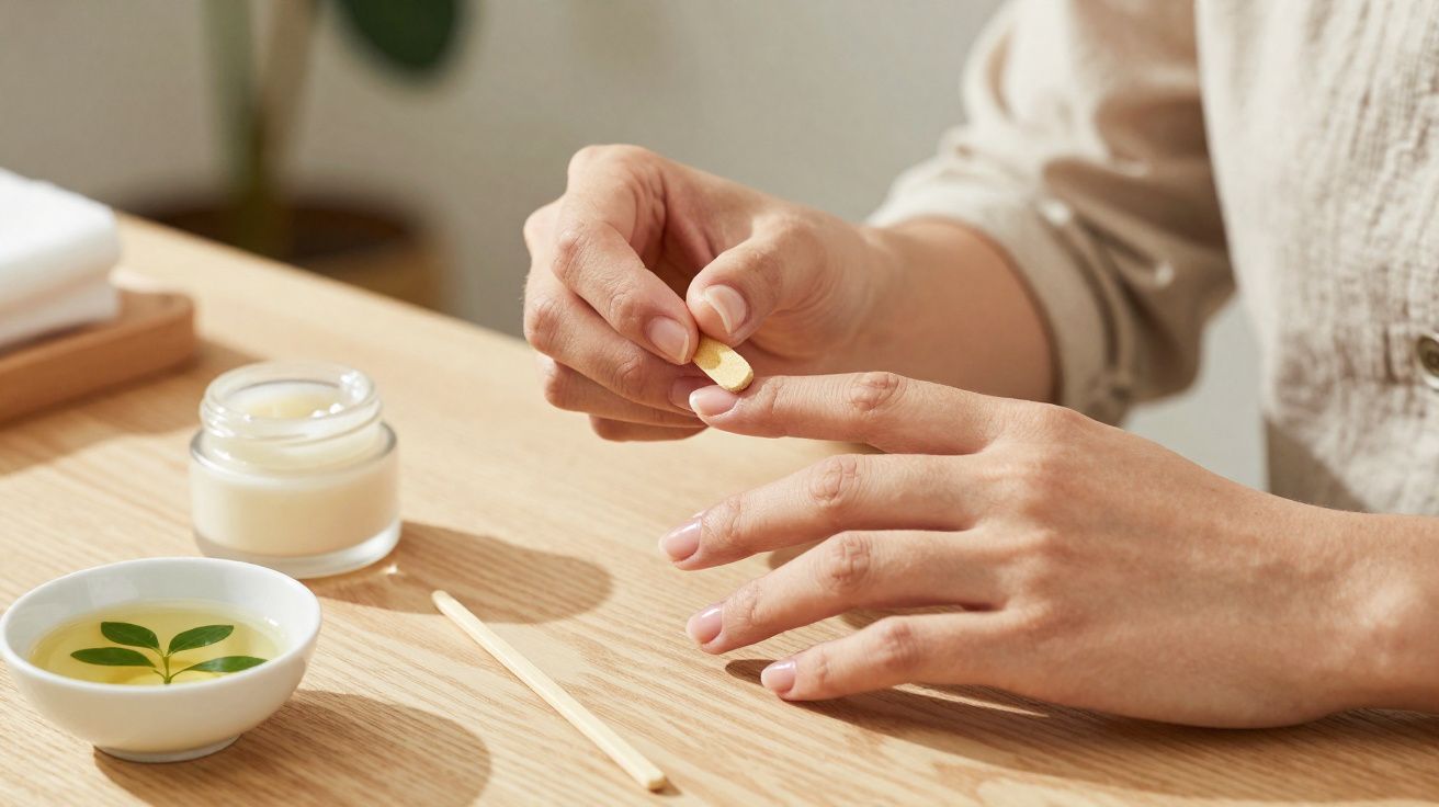 Mãos aplicando um adesivo em dedo com pote de creme e tigela com líquido à mesa de madeira clara.