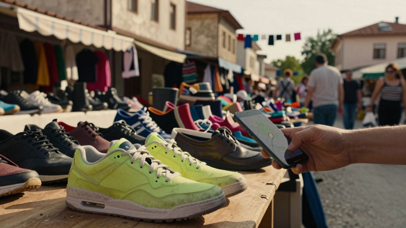 Tênis expostos em barraca de mercado ao ar livre com pessoa segurando celular ao lado.