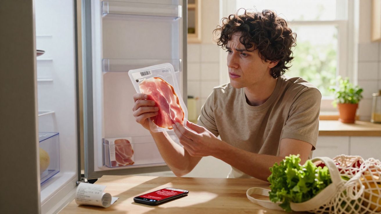 Homem sentado analisando embalagem de presunto na cozinha com celular e legumes na mesa.