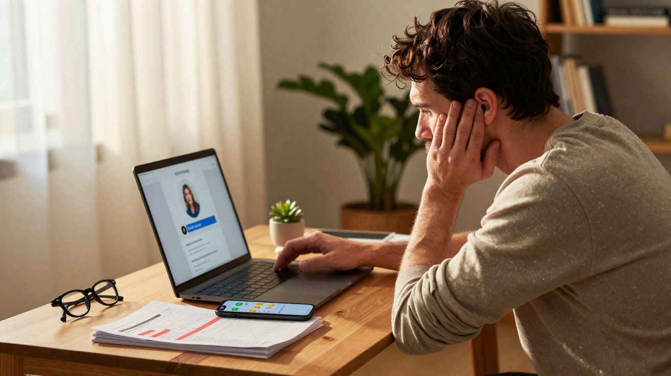 Homem trabalhando em laptop em mesa de madeira com documentos, celular e óculos ao lado em ambiente doméstico.