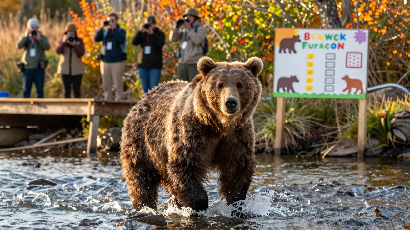 Urso marrom na água em parque, com pessoas observando e tirando fotos ao fundo no outono.