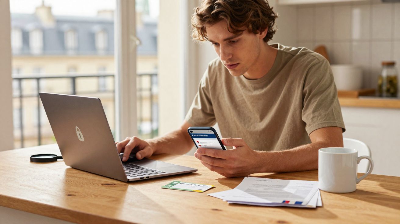 Jovem sentado à mesa usando smartphone e laptop, com documentos, cartão e caneca à sua frente.
