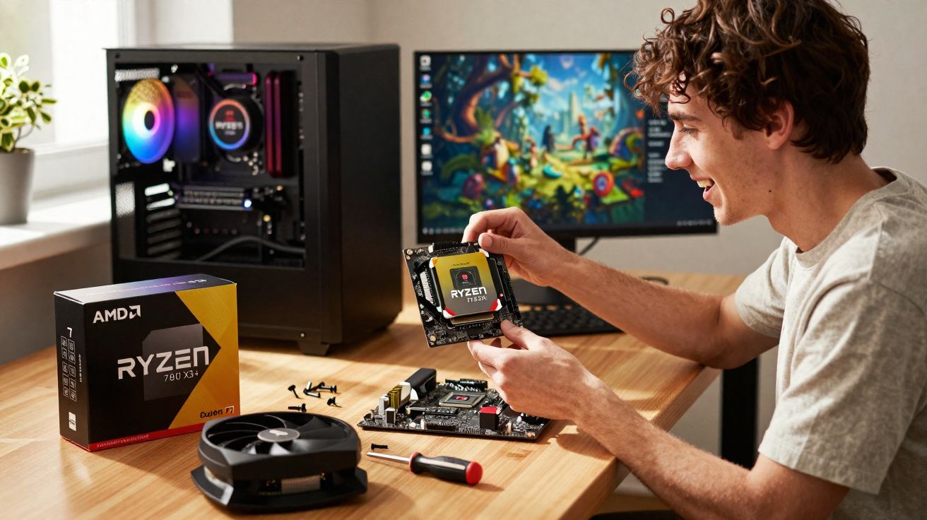 Jovem montando computador, segurando processador Ryzen 7600X perto de gabinete e monitor ligado.