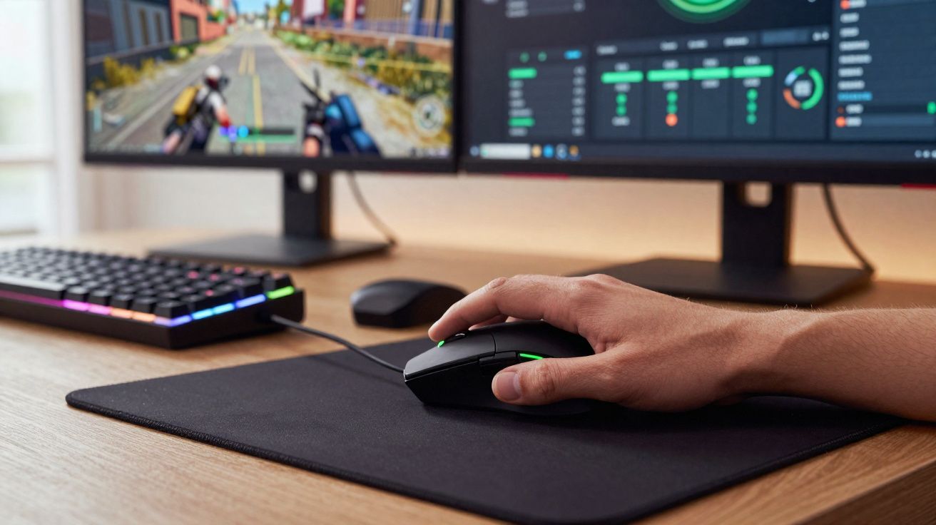 Pessoa usando mouse em mousepad com teclado RGB e dois monitores, um exibindo jogo e outro gráficos.