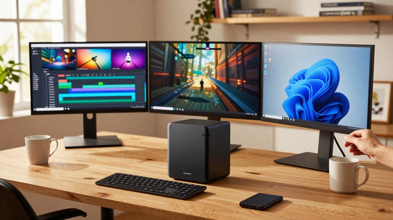 Estação de trabalho com três monitores, teclado, cubo central e duas canecas em mesa de madeira.