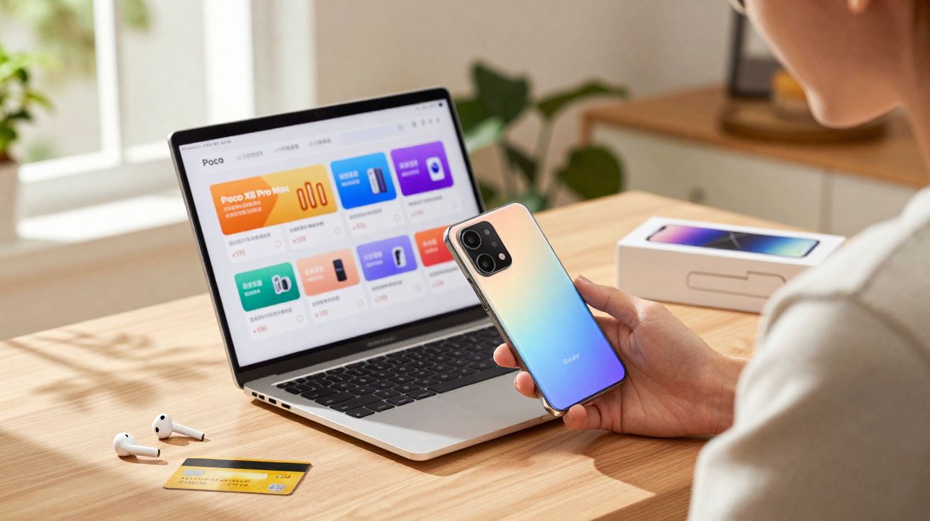 Pessoa segurando smartphone Xiaomi ao lado de notebook, fones de ouvido e cartão de crédito sobre mesa de madeira.