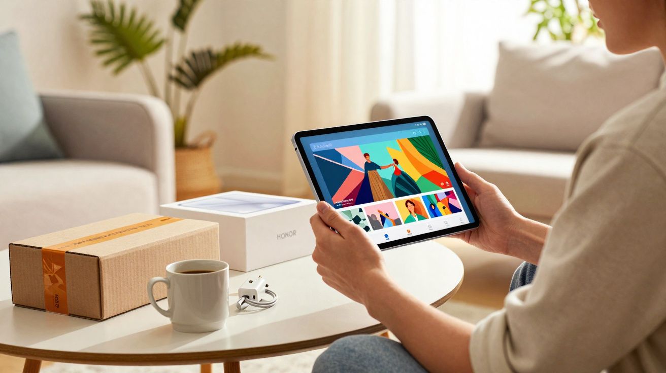 Pessoa segurando tablet em mesa com caixas, fones e xícara de café em sala de estar iluminada.