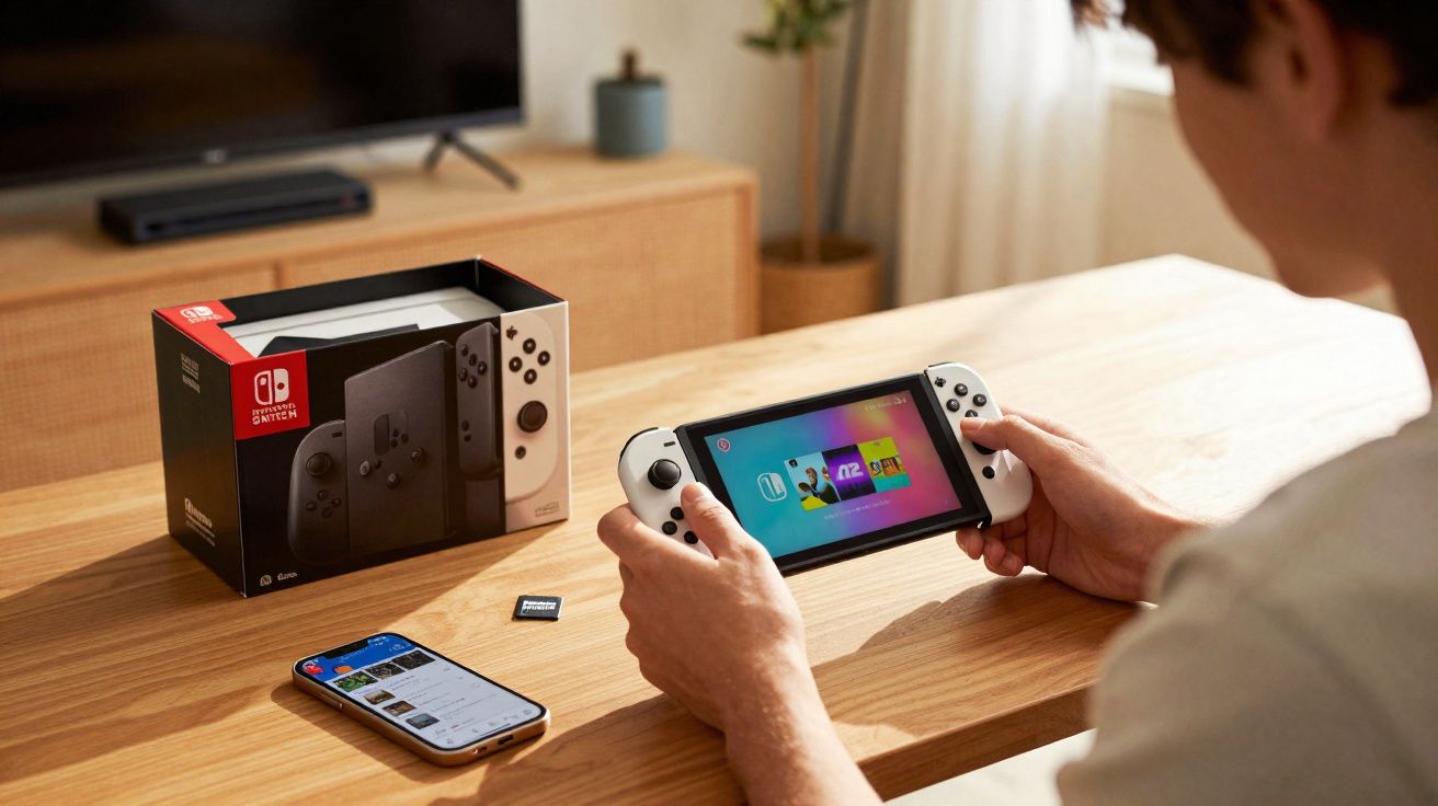 Pessoa segurando console Nintendo Switch OLED branco, com caixa, cartão de memória e celular sobre mesa de madeira.