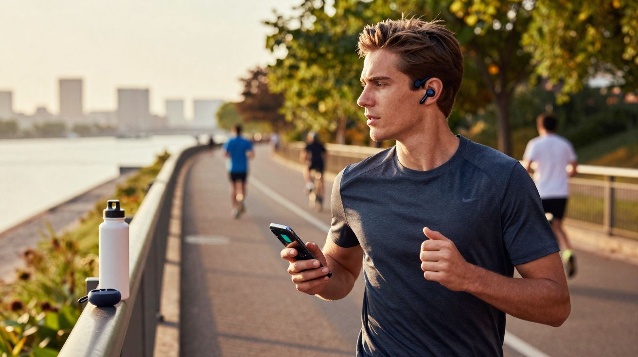 Homem correndo ao ar livre, com fones de ouvido e celular, em pista à beira de rio ao entardecer.